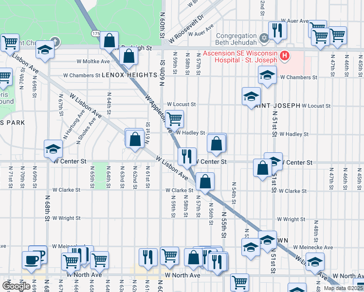 map of restaurants, bars, coffee shops, grocery stores, and more near 2767 North 58th Street in Milwaukee