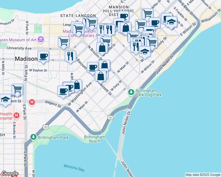 map of restaurants, bars, coffee shops, grocery stores, and more near 426 West Doty Street in Madison
