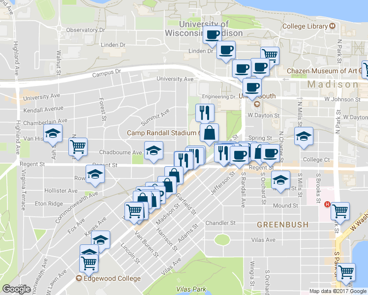 map of restaurants, bars, coffee shops, grocery stores, and more near 2460 North Breese Terrace in Madison