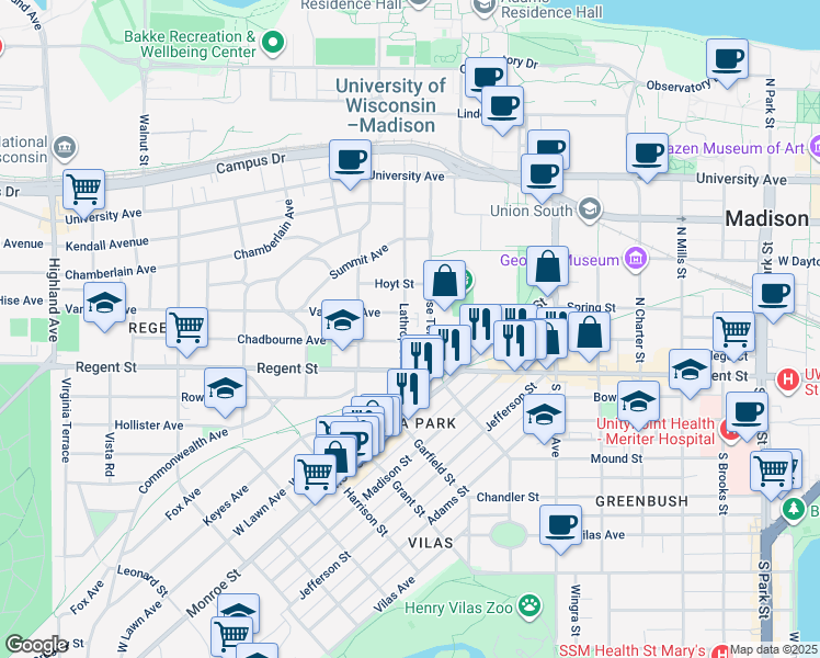 map of restaurants, bars, coffee shops, grocery stores, and more near 103 Lathrop Street in Madison