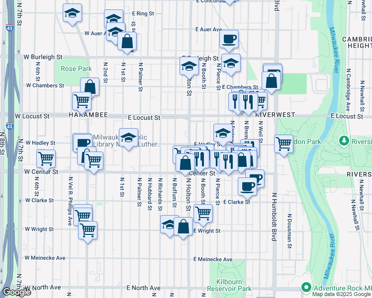 map of restaurants, bars, coffee shops, grocery stores, and more near 2767 North Holton Street in Milwaukee