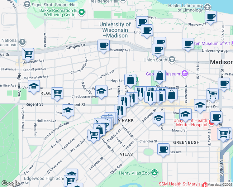 map of restaurants, bars, coffee shops, grocery stores, and more near 22 Lathrop Street in Madison