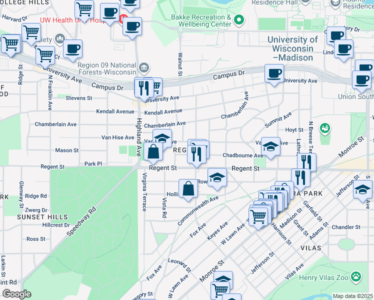map of restaurants, bars, coffee shops, grocery stores, and more near in Madison