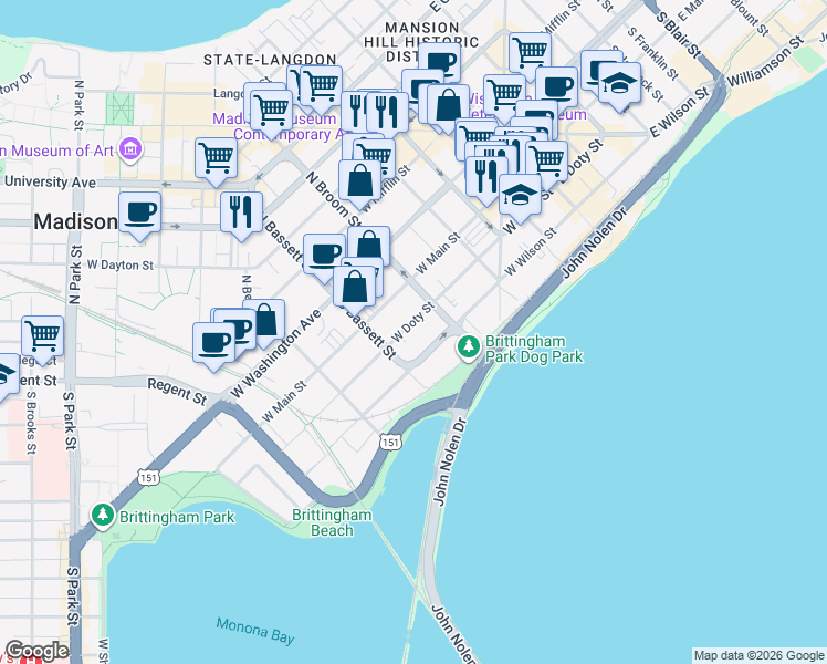 map of restaurants, bars, coffee shops, grocery stores, and more near 427 West Doty Street in Madison