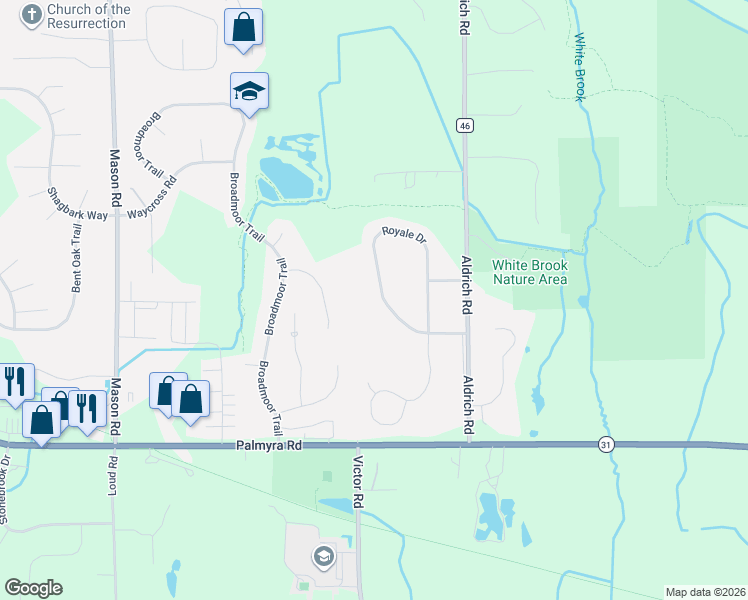 map of restaurants, bars, coffee shops, grocery stores, and more near 18 Royale Drive in Fairport
