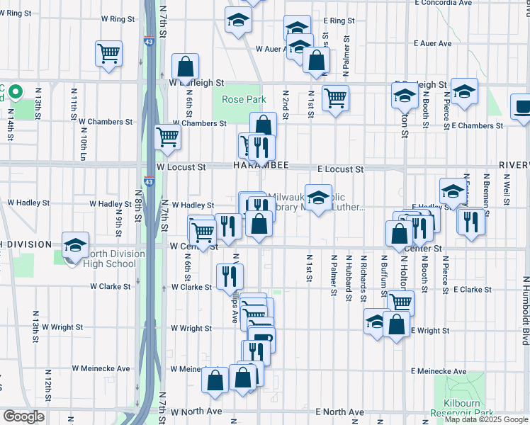 map of restaurants, bars, coffee shops, grocery stores, and more near 2774 North Doctor Martin Luther King Junior Drive in Milwaukee