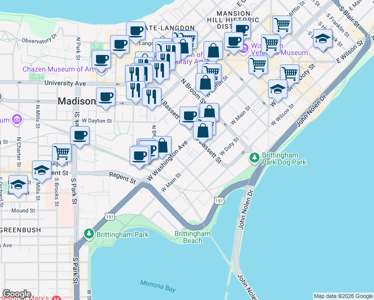 map of restaurants, bars, coffee shops, grocery stores, and more near 533 West Washington Avenue in Madison