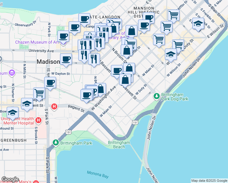 map of restaurants, bars, coffee shops, grocery stores, and more near 535 West Washington Avenue in Madison