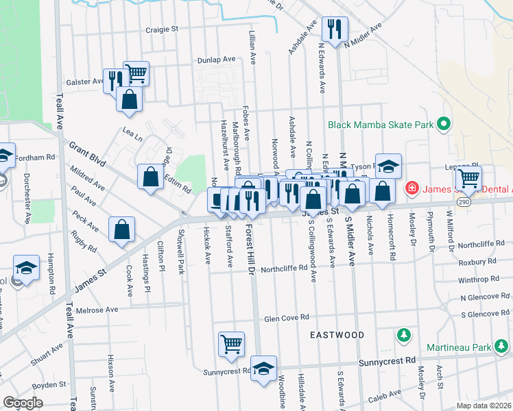 map of restaurants, bars, coffee shops, grocery stores, and more near 122 Marlborough Road in Syracuse