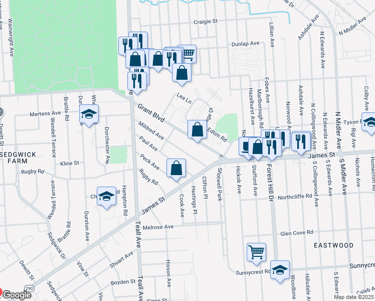 map of restaurants, bars, coffee shops, grocery stores, and more near 214 Mildred Avenue in Syracuse