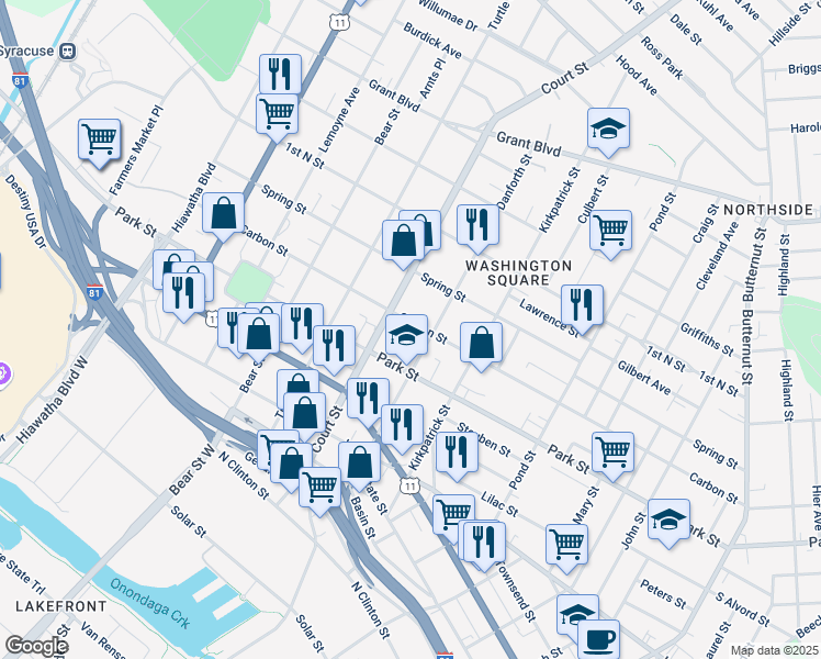 map of restaurants, bars, coffee shops, grocery stores, and more near 806 Carbon Street in Syracuse