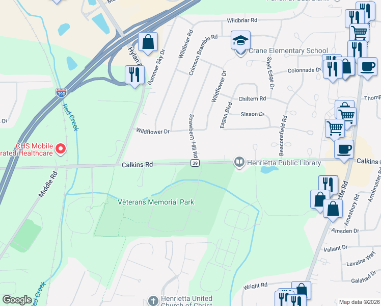map of restaurants, bars, coffee shops, grocery stores, and more near 520 Calkins Road in Rochester