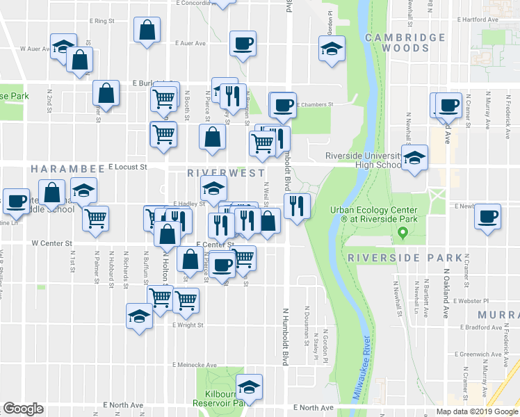 map of restaurants, bars, coffee shops, grocery stores, and more near 910 East Hadley Street in Milwaukee