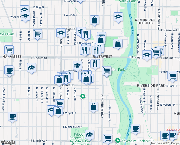 map of restaurants, bars, coffee shops, grocery stores, and more near 910 East Hadley Street in Milwaukee