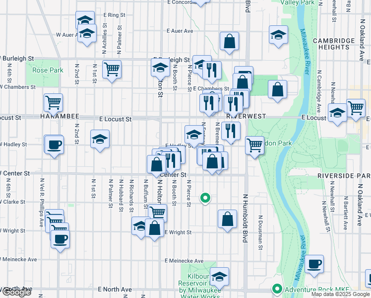 map of restaurants, bars, coffee shops, grocery stores, and more near 2807 North Pierce Street in Milwaukee