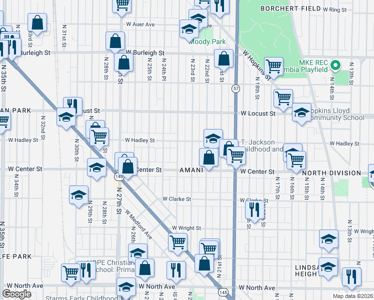map of restaurants, bars, coffee shops, grocery stores, and more near 2776 North 24th Street in Milwaukee