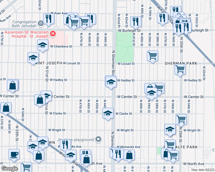 map of restaurants, bars, coffee shops, grocery stores, and more near 2771 North 44th Street in Milwaukee