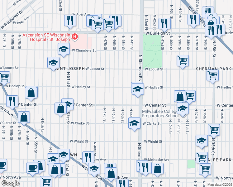 map of restaurants, bars, coffee shops, grocery stores, and more near 2771-2773 North 45th Street in Milwaukee