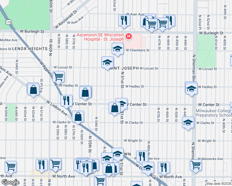 map of restaurants, bars, coffee shops, grocery stores, and more near 2763 North 51st Street in Milwaukee