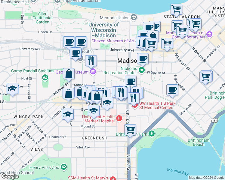 map of restaurants, bars, coffee shops, grocery stores, and more near 1 Gerry Court in Madison