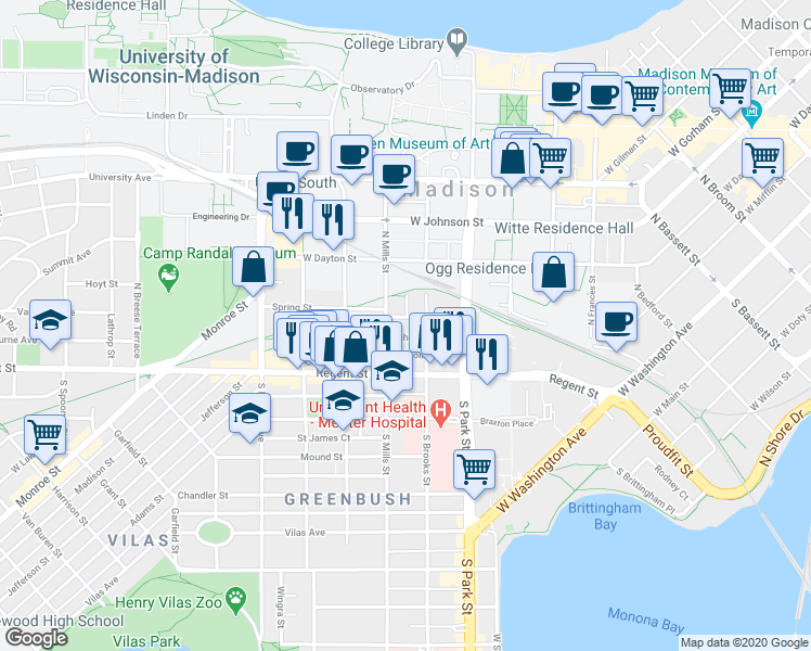 map of restaurants, bars, coffee shops, grocery stores, and more near 1 Gerry Court in Madison