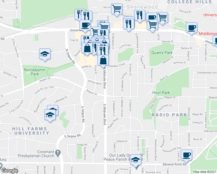 map of restaurants, bars, coffee shops, grocery stores, and more near 229 North Midvale Boulevard in Madison