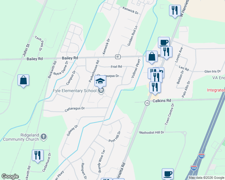 map of restaurants, bars, coffee shops, grocery stores, and more near 111 Vollmer Parkway in Rochester
