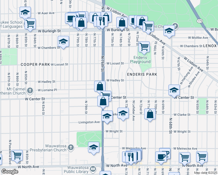 map of restaurants, bars, coffee shops, grocery stores, and more near 2769 North 75th Street in Milwaukee