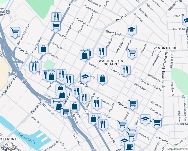 map of restaurants, bars, coffee shops, grocery stores, and more near 700 Danforth Street in Syracuse