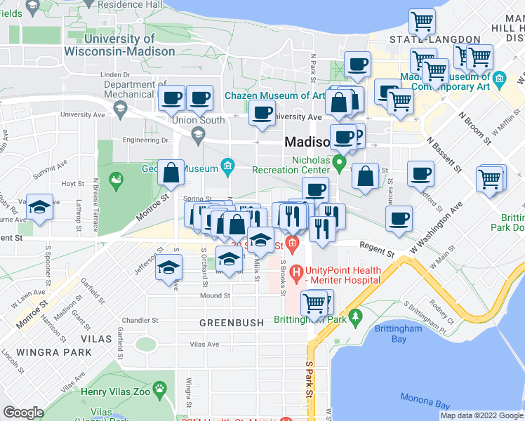 map of restaurants, bars, coffee shops, grocery stores, and more near 1 Gerry Court in Madison