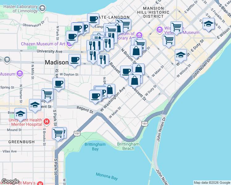 map of restaurants, bars, coffee shops, grocery stores, and more near 1 North Bedford Street in Madison