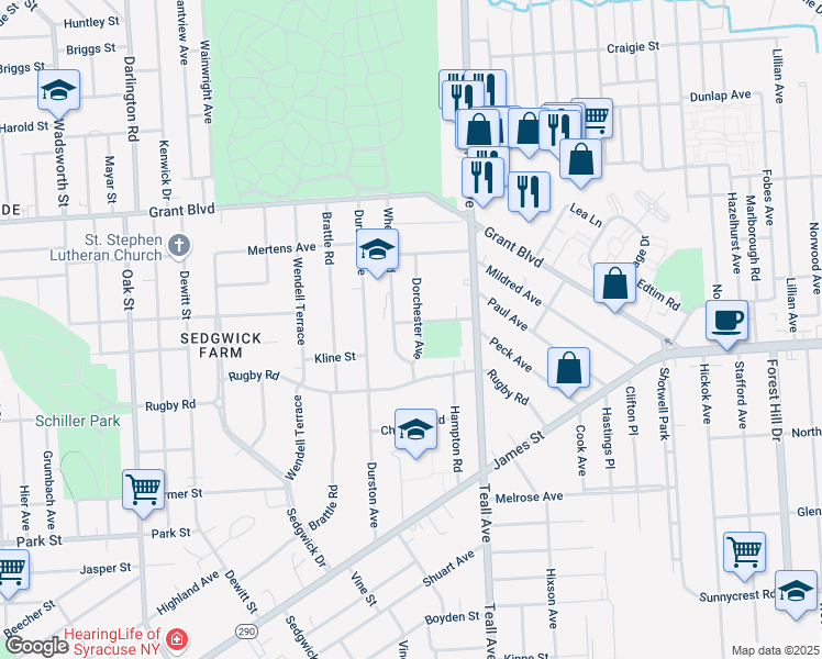 map of restaurants, bars, coffee shops, grocery stores, and more near 121 Dorchester Avenue in Syracuse