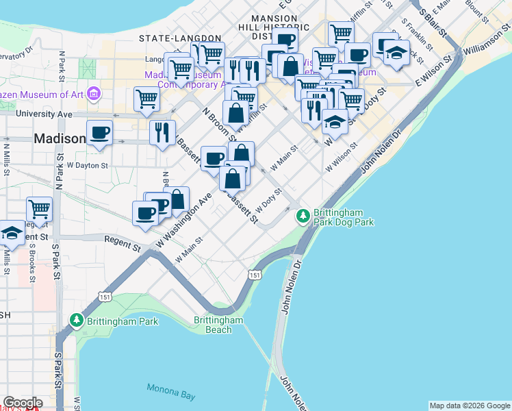 map of restaurants, bars, coffee shops, grocery stores, and more near 442 West Doty Street in Madison