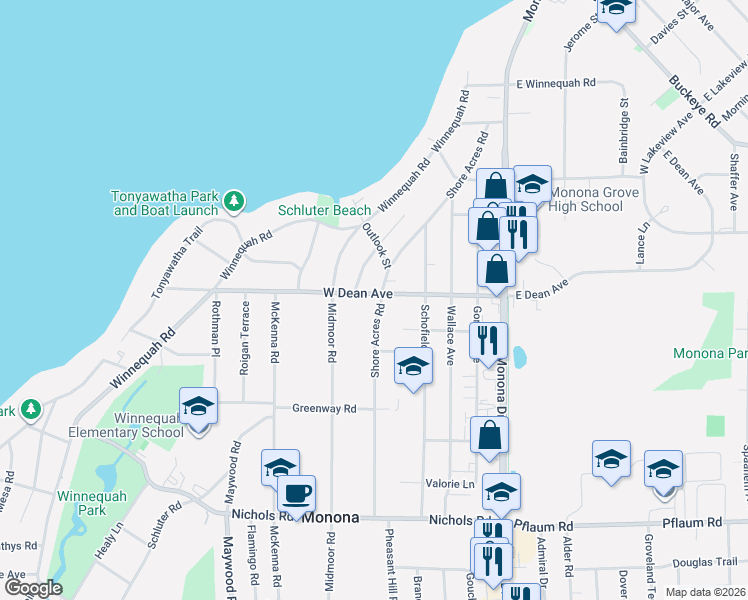 map of restaurants, bars, coffee shops, grocery stores, and more near 411 West Dean Avenue in Monona