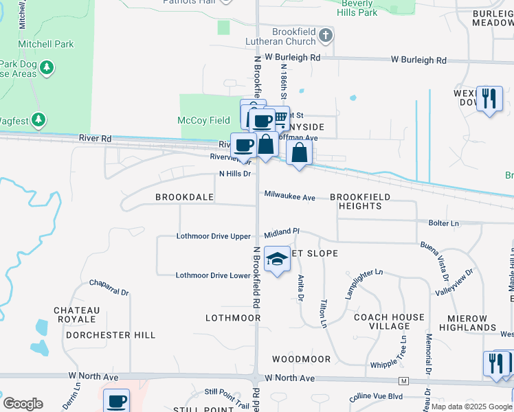 map of restaurants, bars, coffee shops, grocery stores, and more near 18740 Brookdale Drive in Brookfield