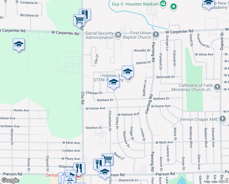 map of restaurants, bars, coffee shops, grocery stores, and more near 6302 Oxley Drive in Flint