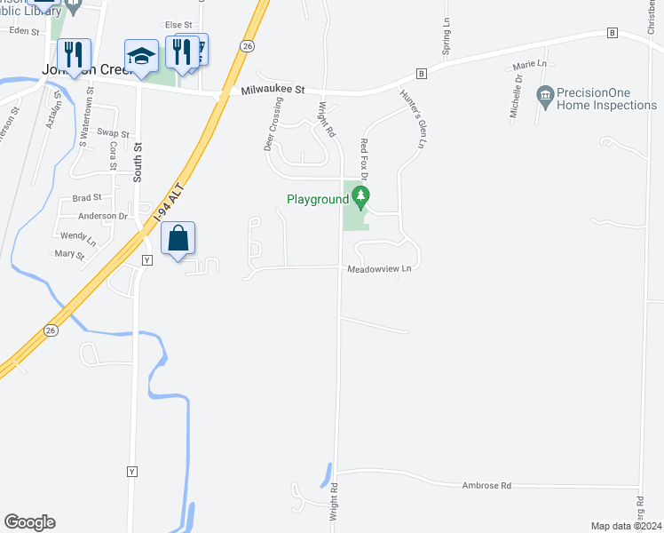 map of restaurants, bars, coffee shops, grocery stores, and more near 640 Meadowview Lane in Johnson Creek