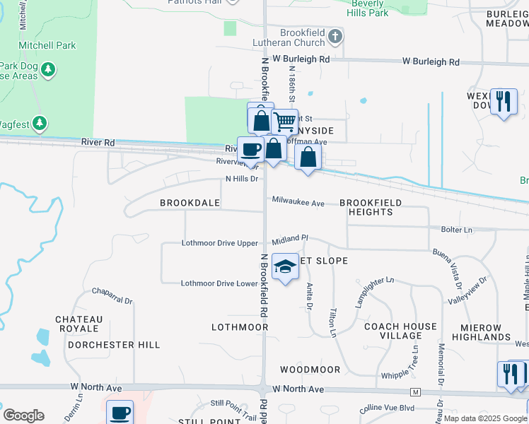 map of restaurants, bars, coffee shops, grocery stores, and more near 18740 Brookdale Drive in Brookfield