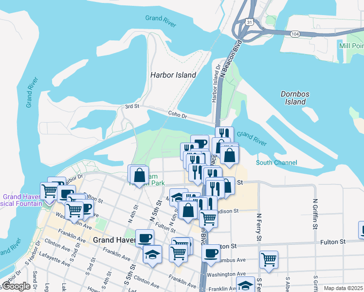 map of restaurants, bars, coffee shops, grocery stores, and more near 591 Miller Drive in Grand Haven