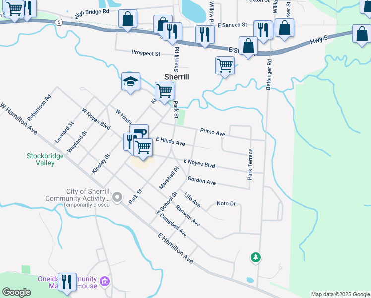 map of restaurants, bars, coffee shops, grocery stores, and more near 234 East Hinds Avenue in Sherrill