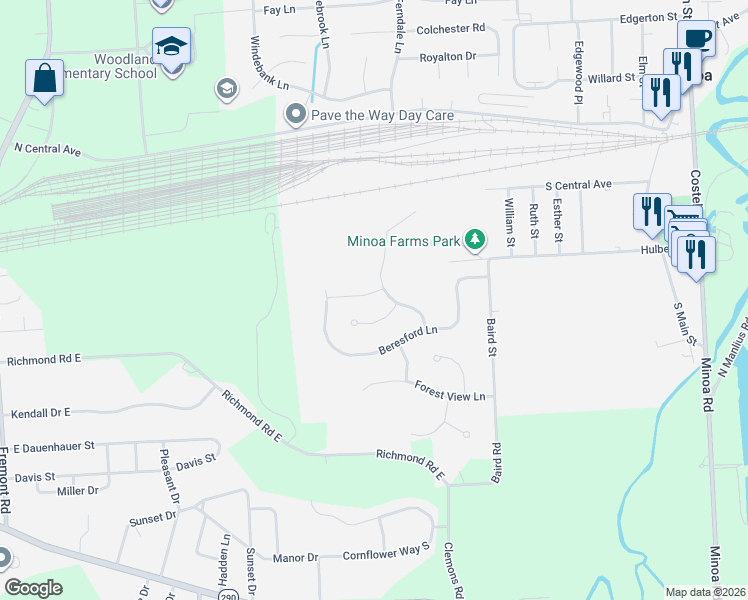 map of restaurants, bars, coffee shops, grocery stores, and more near 103 Lake Forest Drive in Minoa