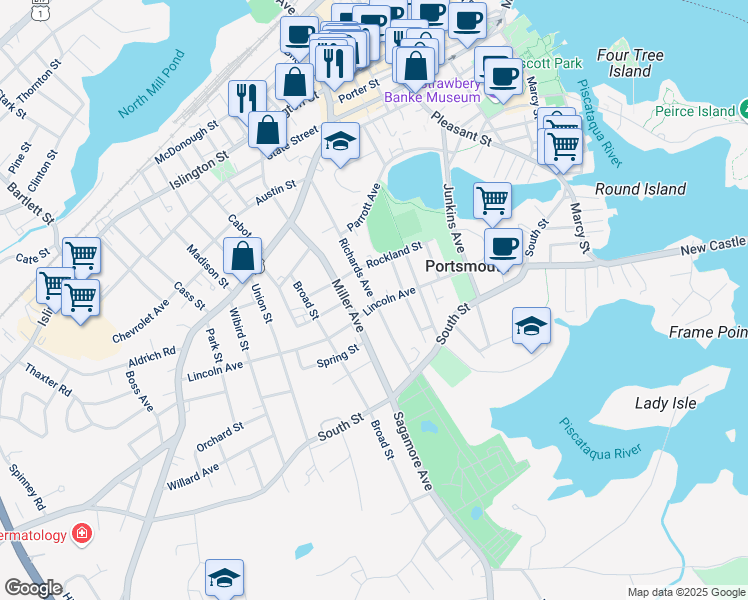 map of restaurants, bars, coffee shops, grocery stores, and more near 179 Lincoln Avenue in Portsmouth