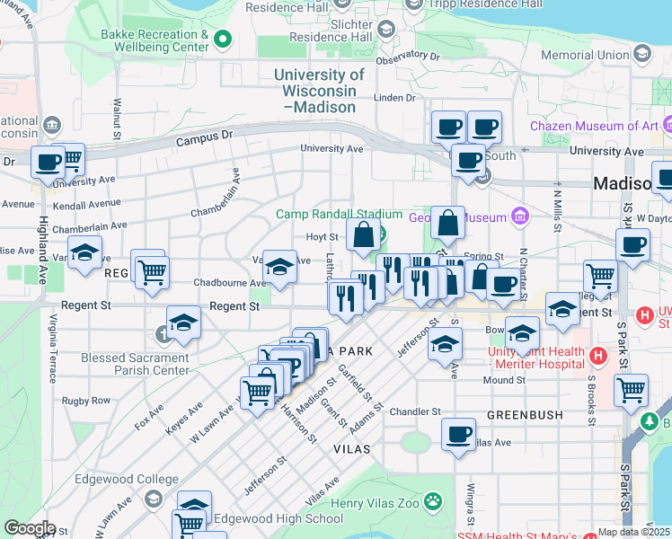 map of restaurants, bars, coffee shops, grocery stores, and more near 35 Lathrop Street in Madison