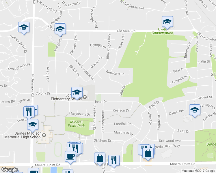 map of restaurants, bars, coffee shops, grocery stores, and more near 37 North Yellowstone Drive in Madison