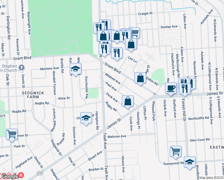map of restaurants, bars, coffee shops, grocery stores, and more near 219 Paul Avenue in Syracuse