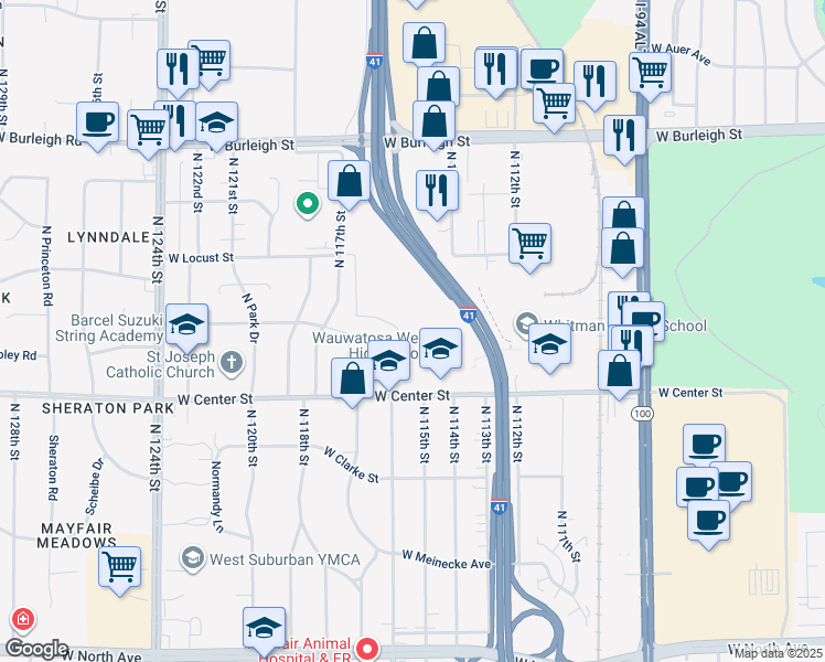 map of restaurants, bars, coffee shops, grocery stores, and more near 11400 West Center Street in Wauwatosa