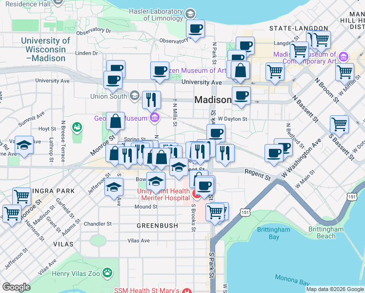 map of restaurants, bars, coffee shops, grocery stores, and more near 1019 Spring Street in Madison