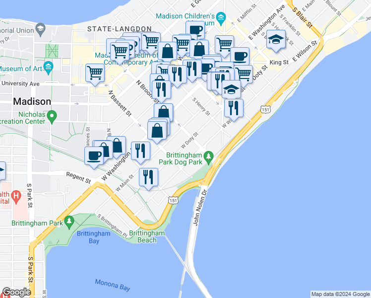 map of restaurants, bars, coffee shops, grocery stores, and more near 421 West Doty Street in Madison
