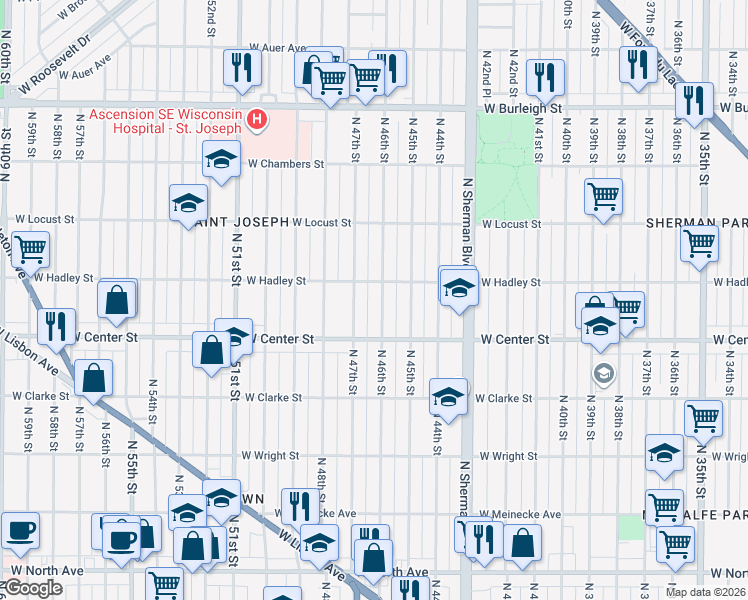 map of restaurants, bars, coffee shops, grocery stores, and more near 2772 North 47th Street in Milwaukee
