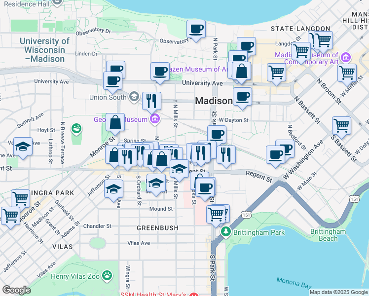map of restaurants, bars, coffee shops, grocery stores, and more near 1017 Spring Street in Madison